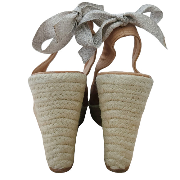 COACH Maritza leather slingback peep toe wedge heels tan bow sandals Size 6.5 B - Picture 3 of 9